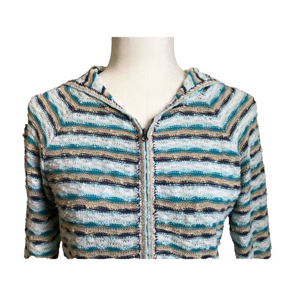J JILL Full Zip Hoodie Jacket Sweater Cardigan Size Small Blue White Tan Striped - Picture 2 of 6